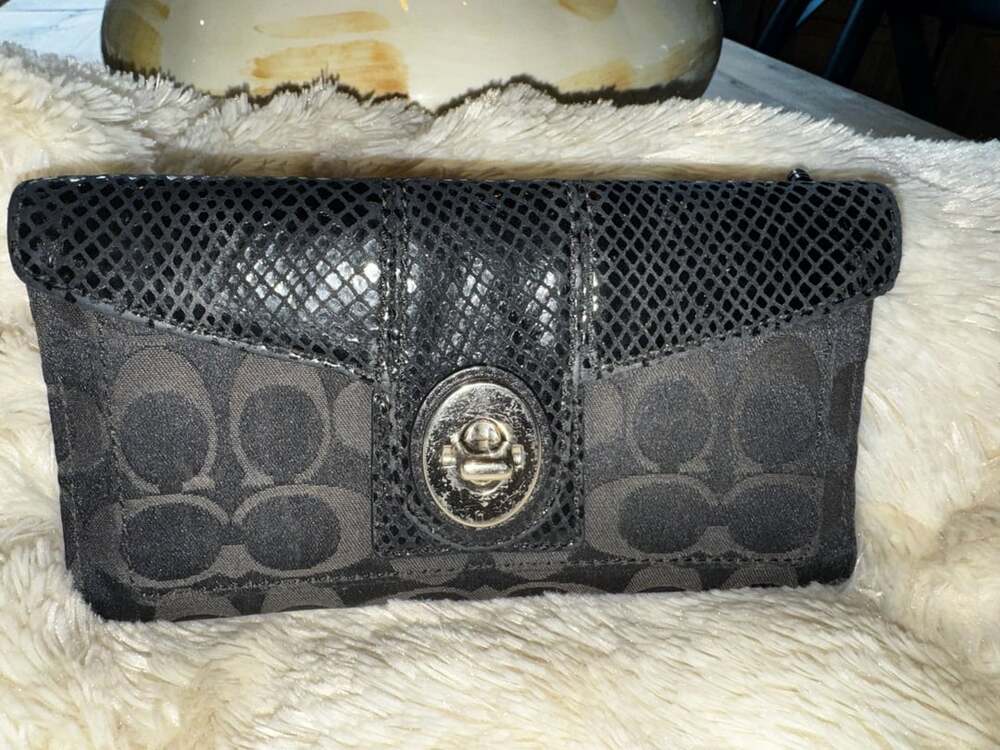 Coach Signature Black Canvas Snakeskin Turn Lock Checkbook Bifold Wallet